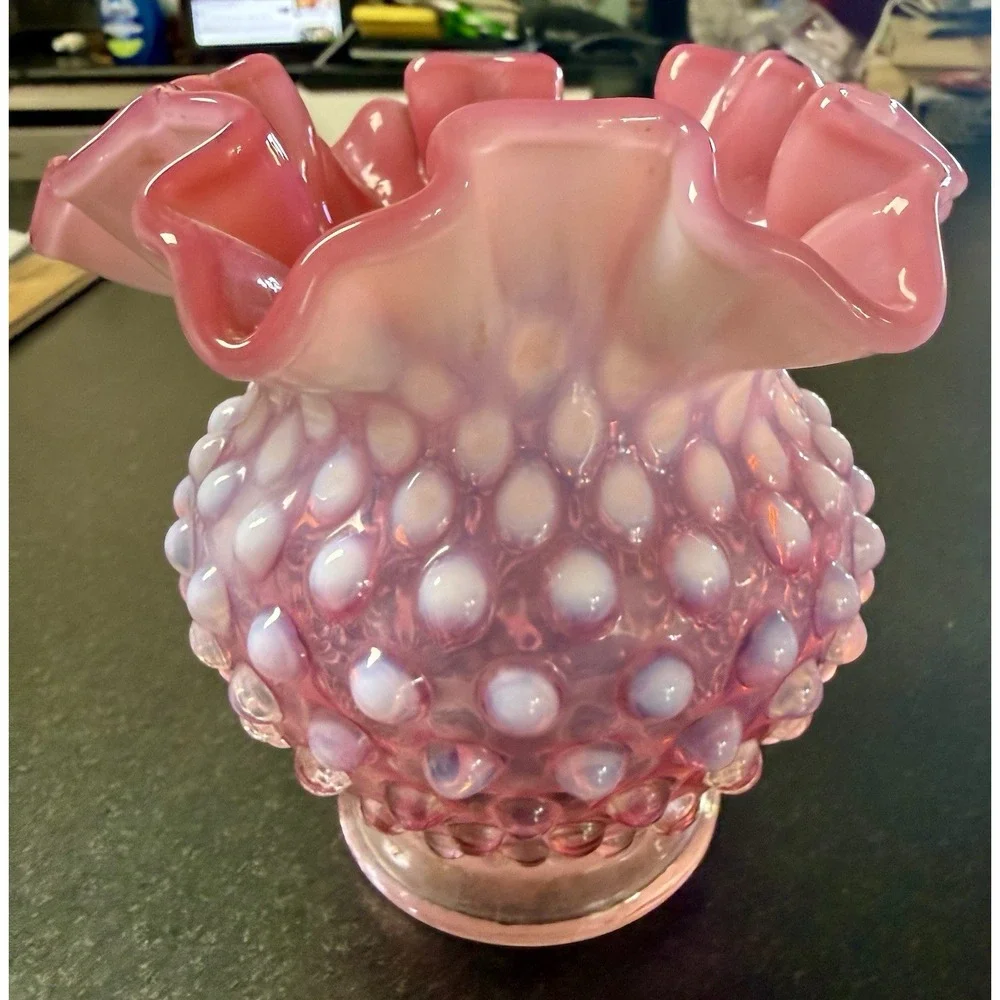 Pair Fenton Cranberry Opalescent Hobnail Rose Bowl Vases – Ruffled Edge – Vtg